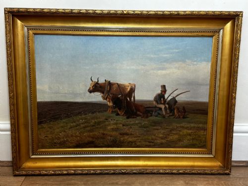 19TH CENTURY DANISH OIL PAINTING FARMER TOP HAT FARM DOG AT REST - ADDITIONAL PHOTO 1
