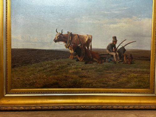 19TH CENTURY DANISH OIL PAINTING FARMER TOP HAT FARM DOG AT REST - ADDITIONAL PHOTO 2