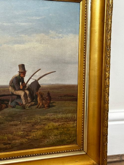 19TH CENTURY DANISH OIL PAINTING FARMER TOP HAT FARM DOG AT REST - ADDITIONAL PHOTO 4