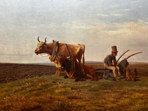 19TH CENTURY DANISH OIL PAINTING FARMER TOP HAT FARM DOG AT REST - ADDITIONAL PHOTO 5