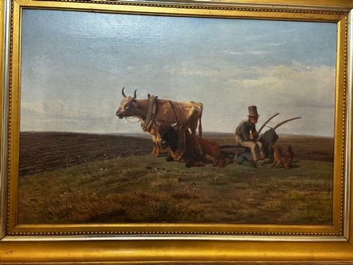19TH CENTURY DANISH OIL PAINTING FARMER TOP HAT FARM DOG AT REST - ADDITIONAL PHOTO 6