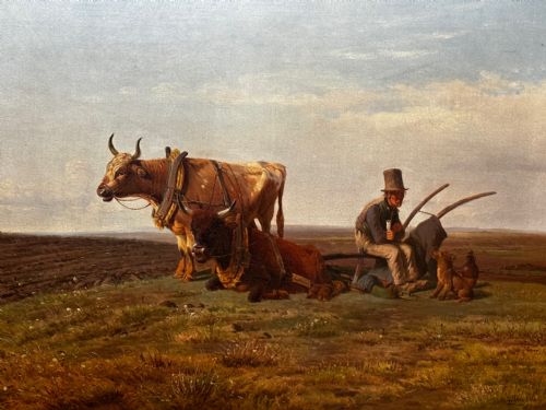 19TH CENTURY DANISH OIL PAINTING FARMER TOP HAT FARM DOG AT REST - ADDITIONAL PHOTO 7