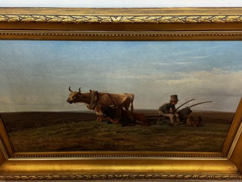 19TH CENTURY DANISH OIL PAINTING FARMER TOP HAT FARM DOG AT REST - ADDITIONAL PHOTO 8