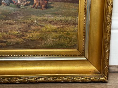 19TH CENTURY DANISH OIL PAINTING FARMER TOP HAT FARM DOG AT REST - ADDITIONAL PHOTO 9