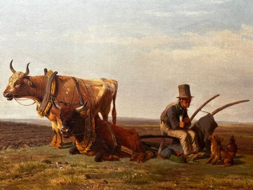 19TH CENTURY DANISH OIL PAINTING FARMER TOP HAT FARM DOG AT REST - ADDITIONAL PHOTO 13