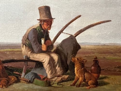 19TH CENTURY DANISH OIL PAINTING FARMER TOP HAT FARM DOG AT REST - ADDITIONAL PHOTO 14