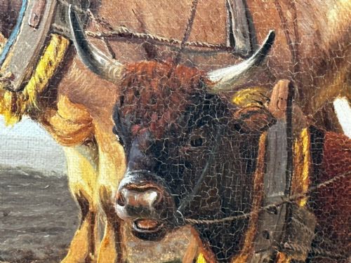 19TH CENTURY DANISH OIL PAINTING FARMER TOP HAT FARM DOG AT REST - ADDITIONAL PHOTO 17