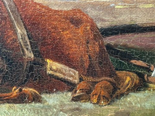 19TH CENTURY DANISH OIL PAINTING FARMER TOP HAT FARM DOG AT REST - ADDITIONAL PHOTO 19