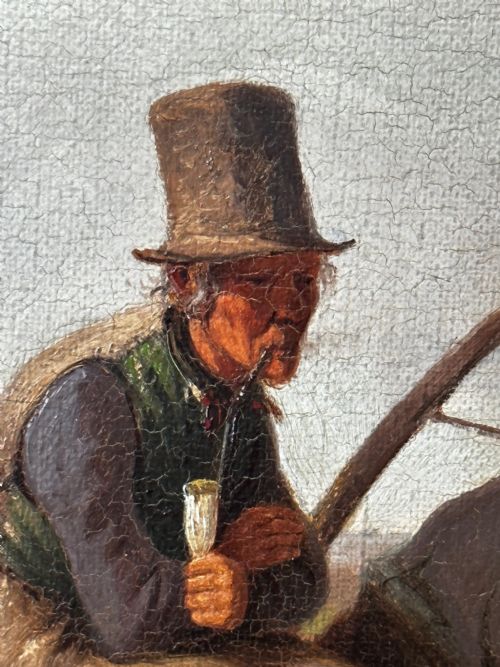19TH CENTURY DANISH OIL PAINTING FARMER TOP HAT FARM DOG AT REST - ADDITIONAL PHOTO 20