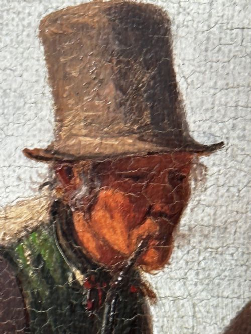 19TH CENTURY DANISH OIL PAINTING FARMER TOP HAT FARM DOG AT REST - ADDITIONAL PHOTO 22