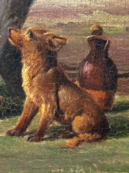 19TH CENTURY DANISH OIL PAINTING FARMER TOP HAT FARM DOG AT REST - ADDITIONAL PHOTO 24