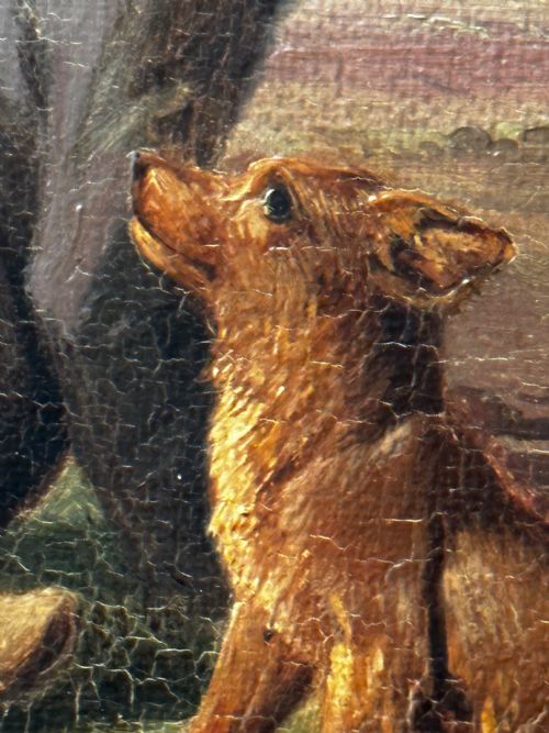 19TH CENTURY DANISH OIL PAINTING FARMER TOP HAT FARM DOG AT REST - ADDITIONAL PHOTO 25