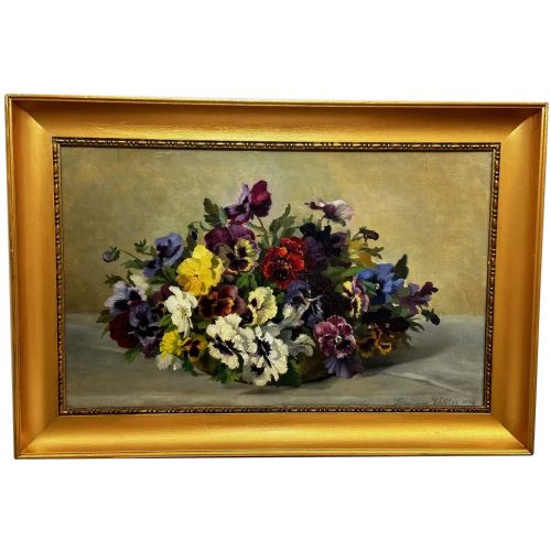 DANISH OIL PAINTING STILL LIFE PANSIES FLOWERS SIGNED EMMA LFFLER