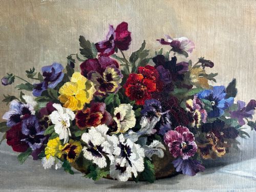 DANISH OIL PAINTING STILL LIFE PANSIES FLOWERS SIGNED EMMA LFFLER - ADDITIONAL PHOTO 1