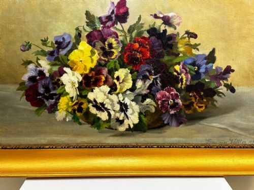 DANISH OIL PAINTING STILL LIFE PANSIES FLOWERS SIGNED EMMA LFFLER - ADDITIONAL PHOTO 2