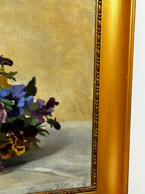 DANISH OIL PAINTING STILL LIFE PANSIES FLOWERS SIGNED EMMA LFFLER - ADDITIONAL PHOTO 3