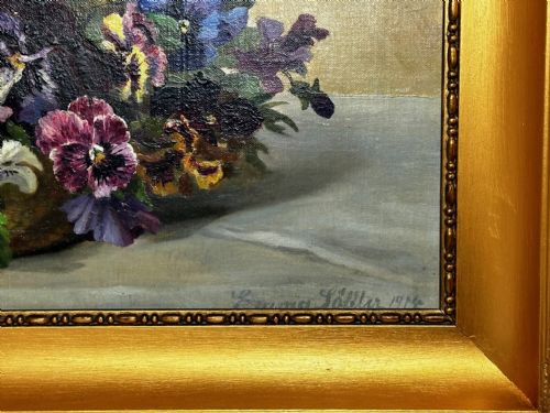 DANISH OIL PAINTING STILL LIFE PANSIES FLOWERS SIGNED EMMA LFFLER - ADDITIONAL PHOTO 4