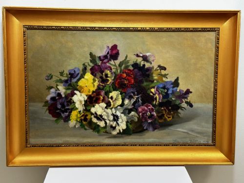 DANISH OIL PAINTING STILL LIFE PANSIES FLOWERS SIGNED EMMA LFFLER - ADDITIONAL PHOTO 5