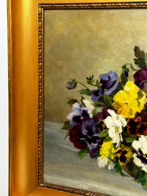 DANISH OIL PAINTING STILL LIFE PANSIES FLOWERS SIGNED EMMA LFFLER - ADDITIONAL PHOTO 6