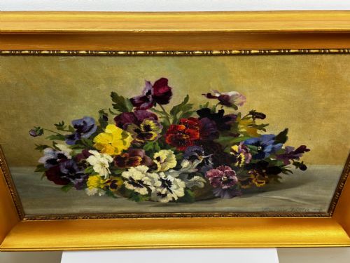 DANISH OIL PAINTING STILL LIFE PANSIES FLOWERS SIGNED EMMA LFFLER - ADDITIONAL PHOTO 7