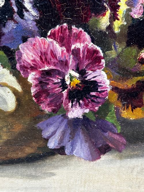 DANISH OIL PAINTING STILL LIFE PANSIES FLOWERS SIGNED EMMA LFFLER - ADDITIONAL PHOTO 10