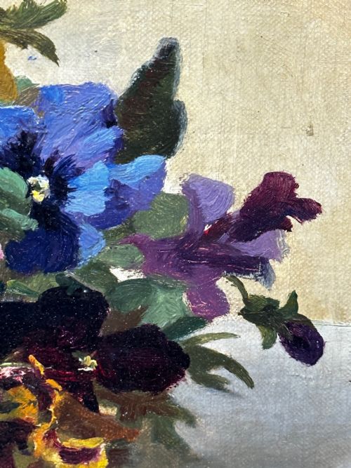 DANISH OIL PAINTING STILL LIFE PANSIES FLOWERS SIGNED EMMA LFFLER - ADDITIONAL PHOTO 11