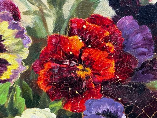 DANISH OIL PAINTING STILL LIFE PANSIES FLOWERS SIGNED EMMA LFFLER - ADDITIONAL PHOTO 13