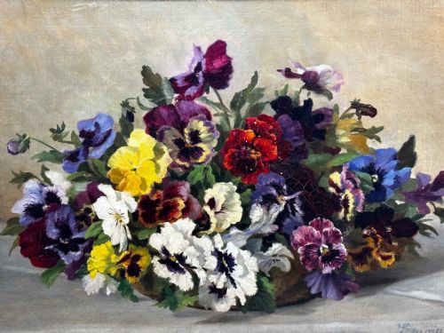DANISH OIL PAINTING STILL LIFE PANSIES FLOWERS SIGNED EMMA LFFLER - ADDITIONAL PHOTO 14
