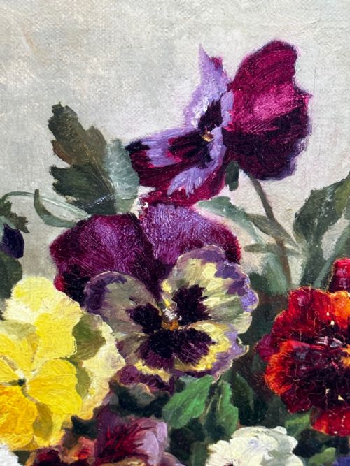 DANISH OIL PAINTING STILL LIFE PANSIES FLOWERS SIGNED EMMA LFFLER - ADDITIONAL PHOTO 15