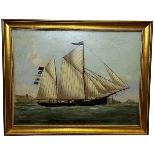 victorian painting marine schooner ship levonia off coast portsmouth - CATEGORY: ANTIQUE ART - DATED VICTORIAN