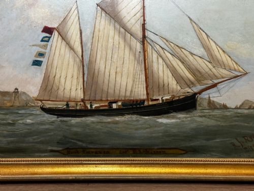 VICTORIAN PAINTING MARINE SCHOONER SHIP LEVONIA OFF COAST PORTSMOUTH - ADDITIONAL PHOTO 3