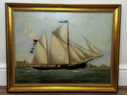 VICTORIAN PAINTING MARINE SCHOONER SHIP LEVONIA OFF COAST PORTSMOUTH - ADDITIONAL PHOTO 4