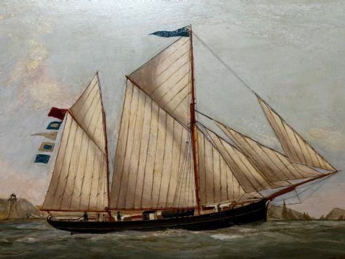 VICTORIAN PAINTING MARINE SCHOONER SHIP LEVONIA OFF COAST PORTSMOUTH - ADDITIONAL PHOTO 5