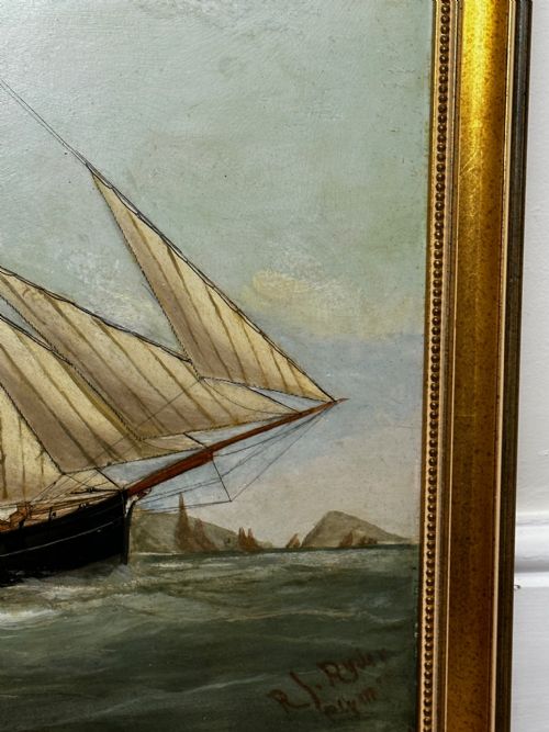 VICTORIAN PAINTING MARINE SCHOONER SHIP LEVONIA OFF COAST PORTSMOUTH - ADDITIONAL PHOTO 6