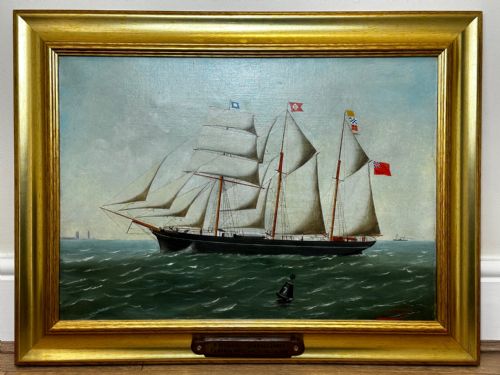 VICTORIAN OIL PAINTING BARQUENTINE SHIP CHARLES JAMES OFF DUNKIRK - ADDITIONAL PHOTO 2