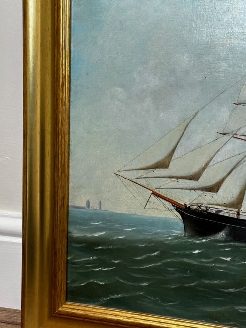 VICTORIAN OIL PAINTING BARQUENTINE SHIP CHARLES JAMES OFF DUNKIRK - ADDITIONAL PHOTO 4