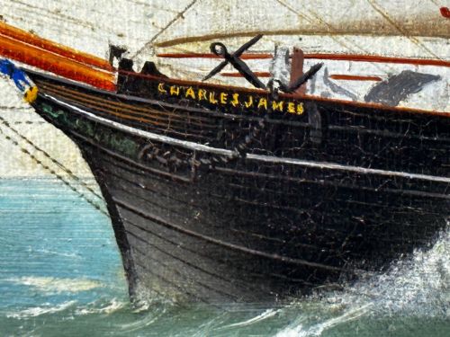 VICTORIAN OIL PAINTING BARQUENTINE SHIP CHARLES JAMES OFF DUNKIRK - ADDITIONAL PHOTO 13