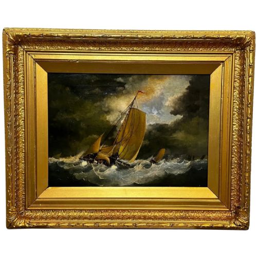 19th century british oil painting seascape fishing boats in storm - CATEGORY: ANTIQUE ART - DATED 19TH CENTURY