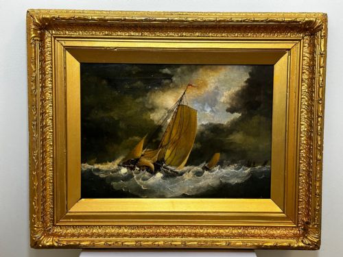 19TH CENTURY BRITISH OIL PAINTING SEASCAPE FISHING BOATS IN STORM - ADDITIONAL PHOTO 1