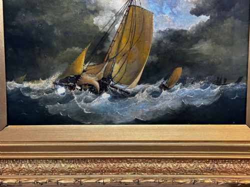19TH CENTURY BRITISH OIL PAINTING SEASCAPE FISHING BOATS IN STORM - ADDITIONAL PHOTO 3