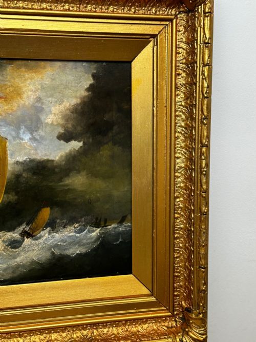 19TH CENTURY BRITISH OIL PAINTING SEASCAPE FISHING BOATS IN STORM - ADDITIONAL PHOTO 4