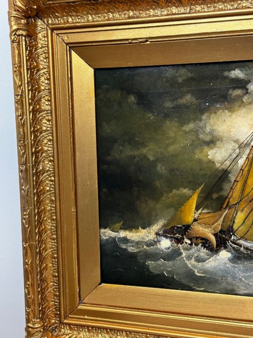 19TH CENTURY BRITISH OIL PAINTING SEASCAPE FISHING BOATS IN STORM - ADDITIONAL PHOTO 5