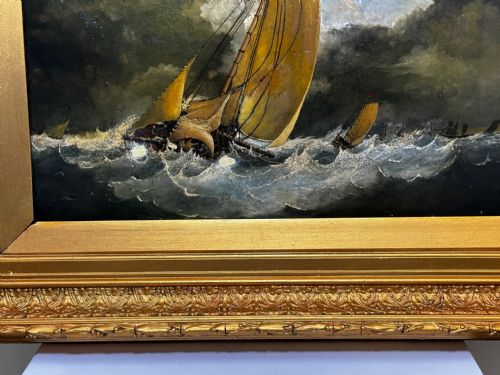 19TH CENTURY BRITISH OIL PAINTING SEASCAPE FISHING BOATS IN STORM - ADDITIONAL PHOTO 6