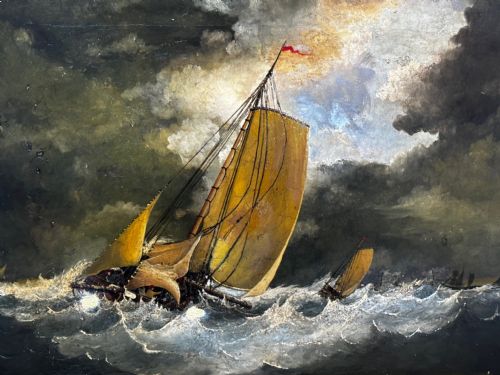 19TH CENTURY BRITISH OIL PAINTING SEASCAPE FISHING BOATS IN STORM - ADDITIONAL PHOTO 7