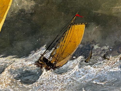 19TH CENTURY BRITISH OIL PAINTING SEASCAPE FISHING BOATS IN STORM - ADDITIONAL PHOTO 9