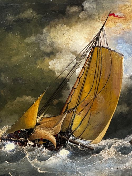 19TH CENTURY BRITISH OIL PAINTING SEASCAPE FISHING BOATS IN STORM - ADDITIONAL PHOTO 10