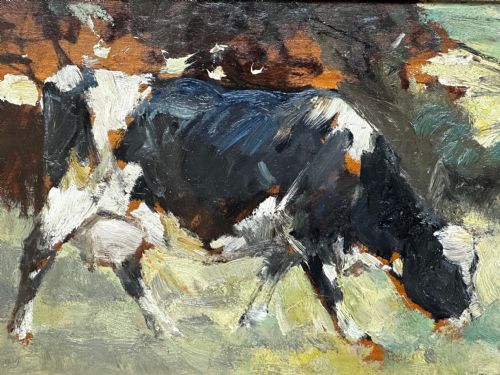 fig 3. An impressionist oil painting depicting a black and white Friesian cow grazing in a field, set within a heavily moulded gilt frame.