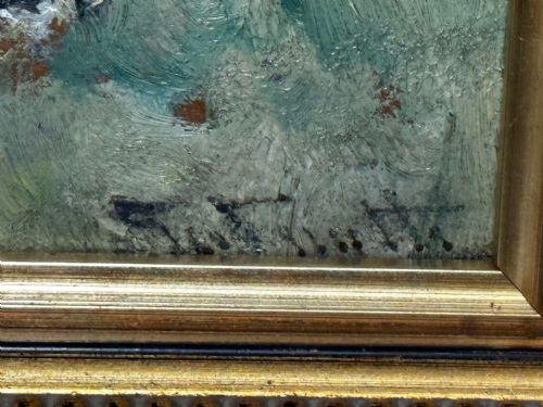 fig 5. An impressionist oil painting depicting a black and white Friesian cow grazing in a field, set within a heavily moulded gilt frame.