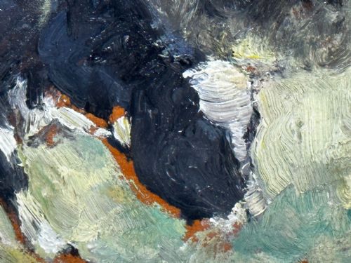 fig 7. An impressionist oil painting depicting a black and white Friesian cow grazing in a field, set within a heavily moulded gilt frame.