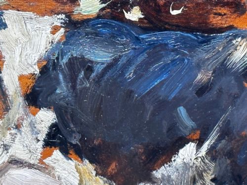 fig 8. An impressionist oil painting depicting a black and white Friesian cow grazing in a field, set within a heavily moulded gilt frame.